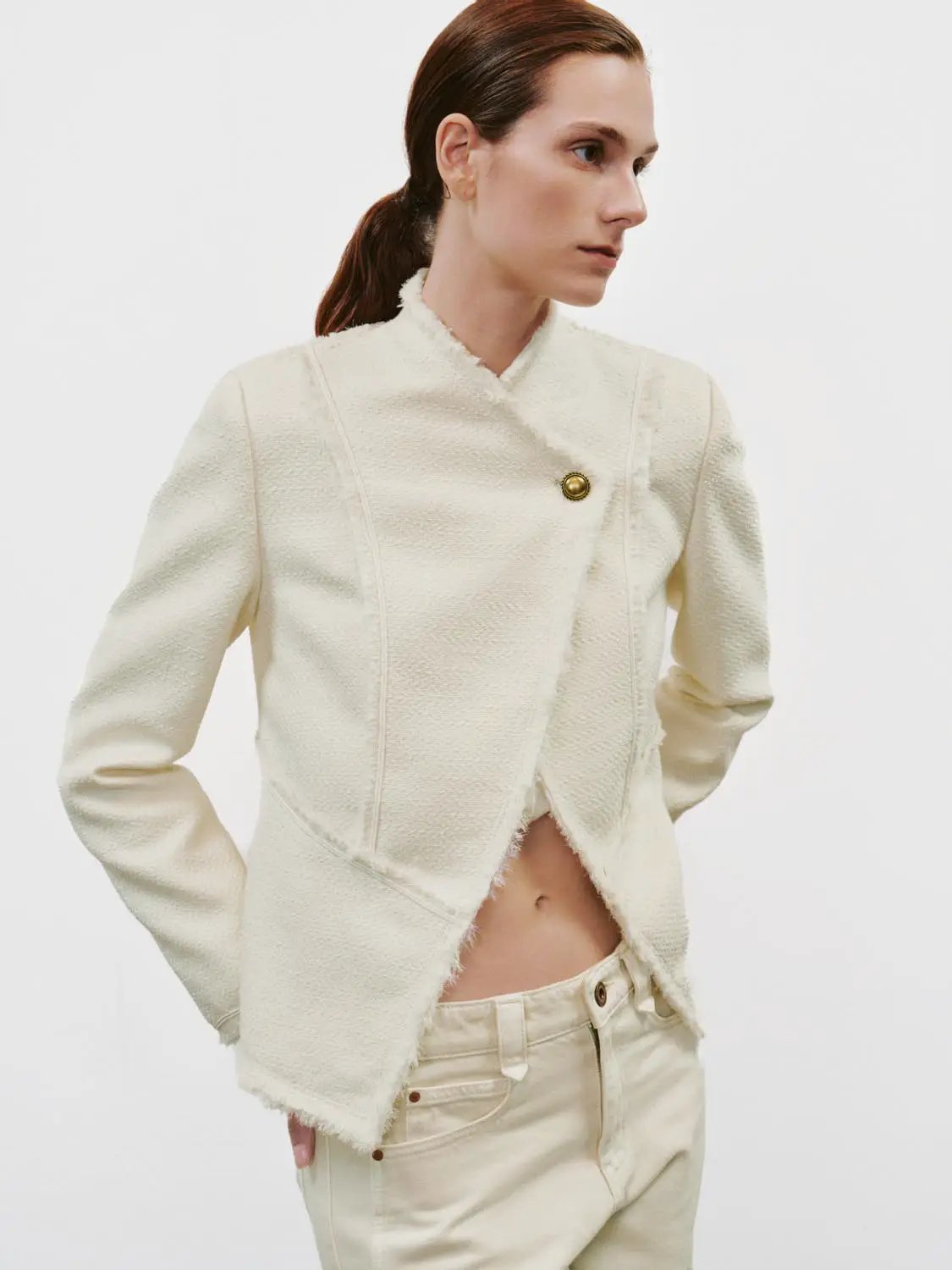 Textured Long Sleeve Fitted Asymmetric Raw Hem Jacket