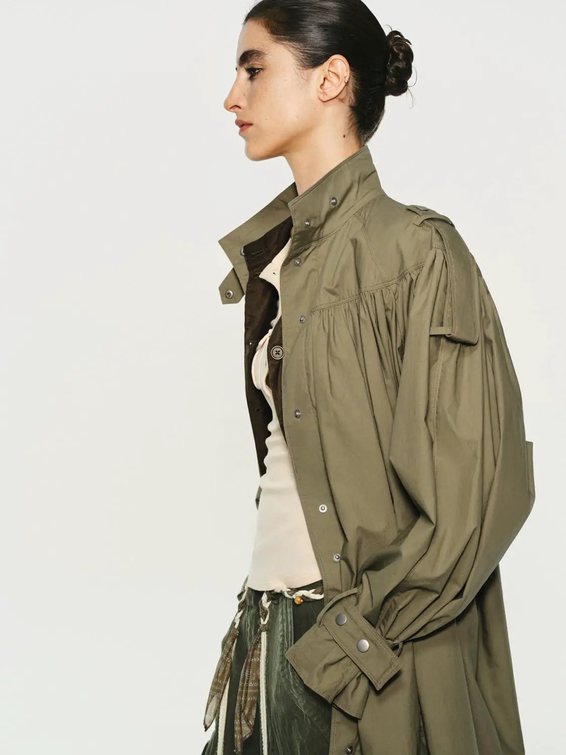 Gathered Panel Long Sleeve Belted Cotton Trench Coat