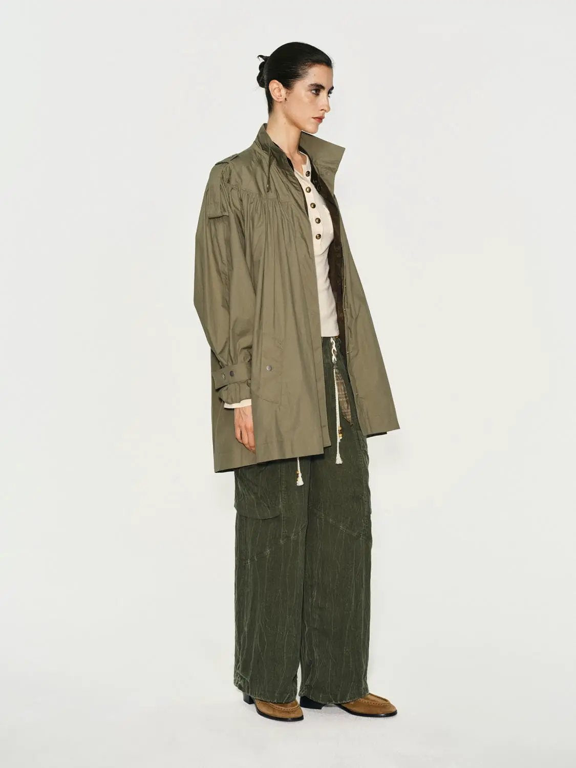 Gathered Panel Long Sleeve Belted Cotton Trench Coat