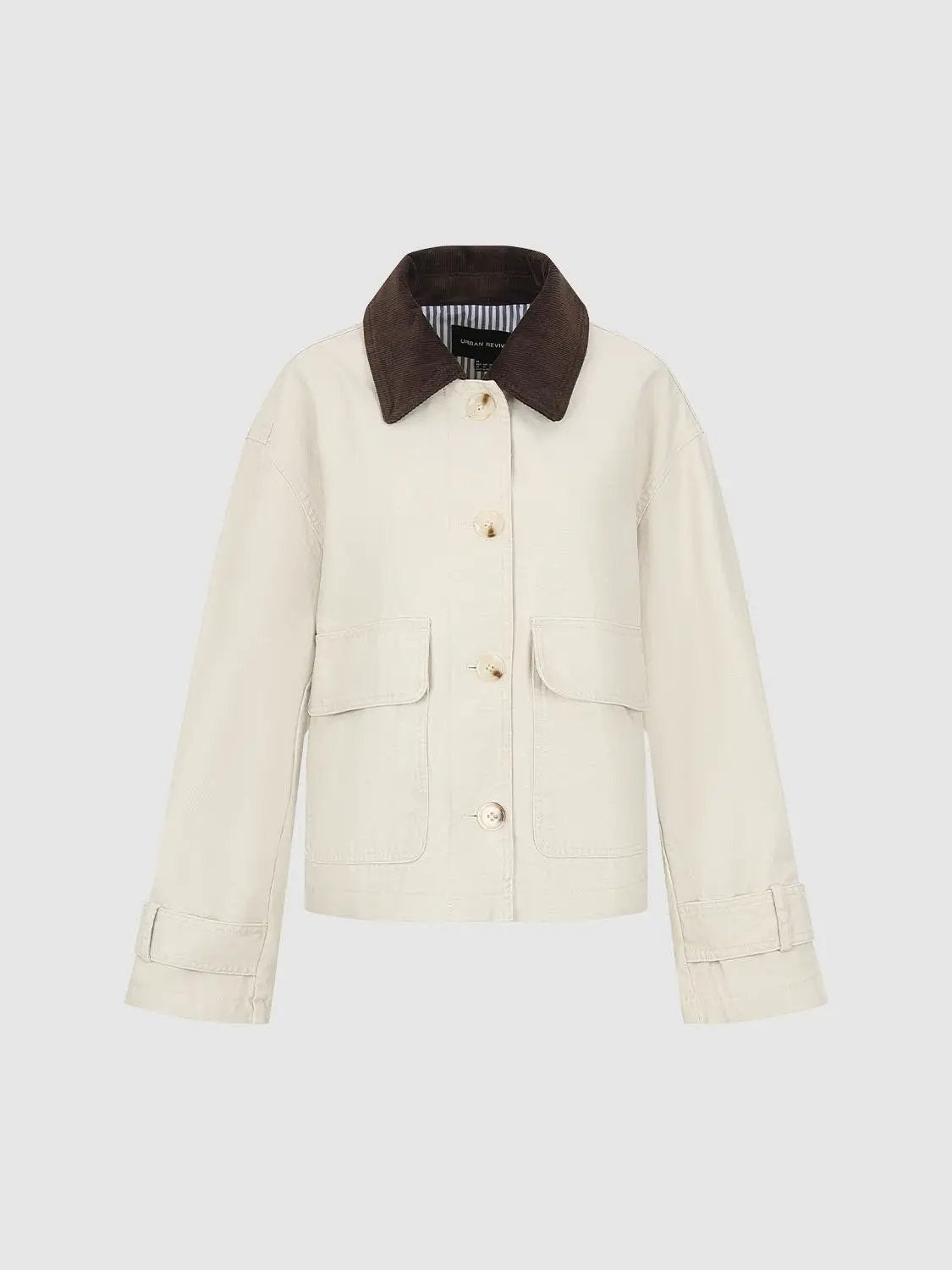 Contrast Collar Button Front Long Sleeve Cotton Jacket