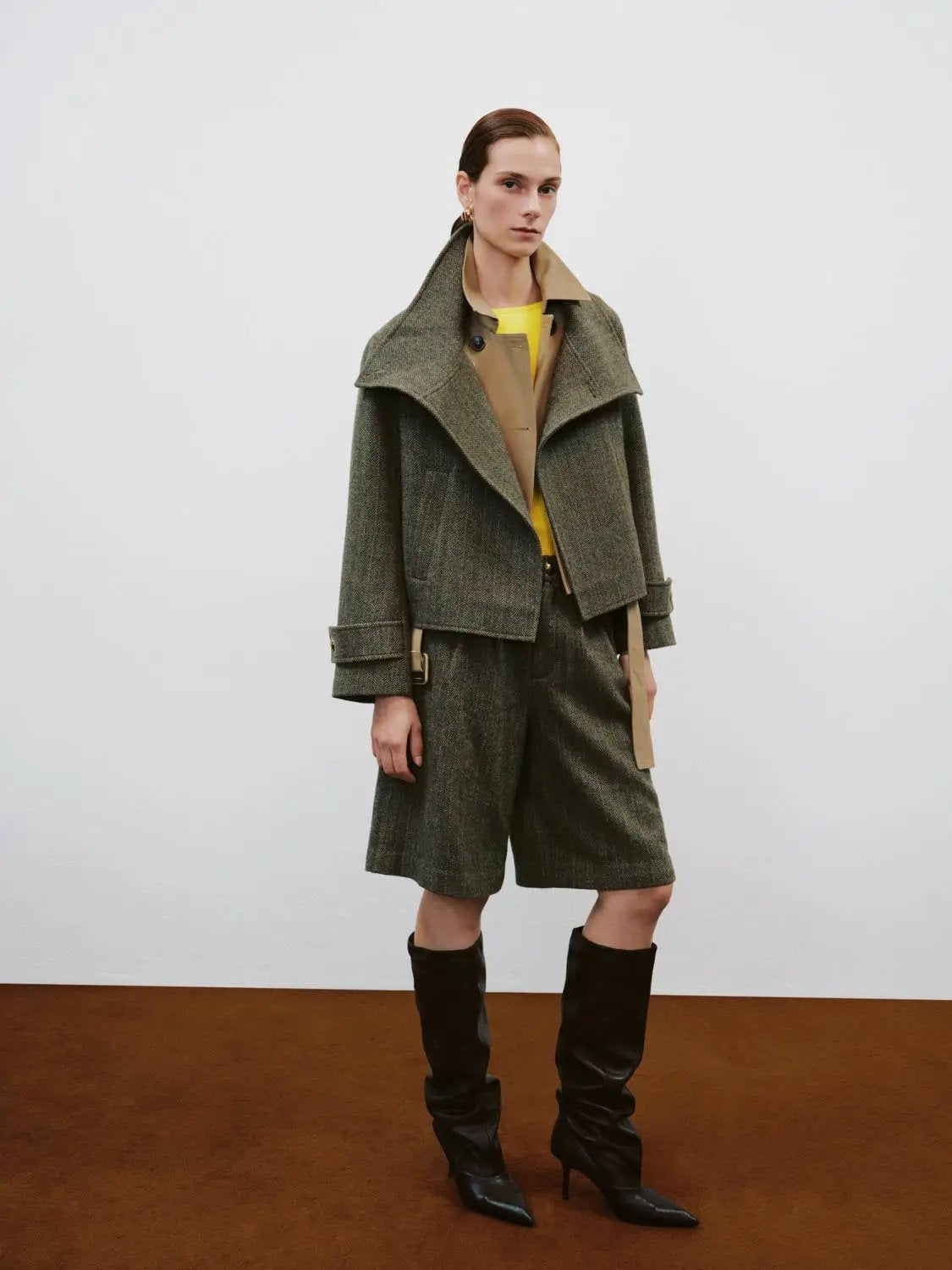 Asymmetric Herringbone Cuffed Long Sleeve Jacket