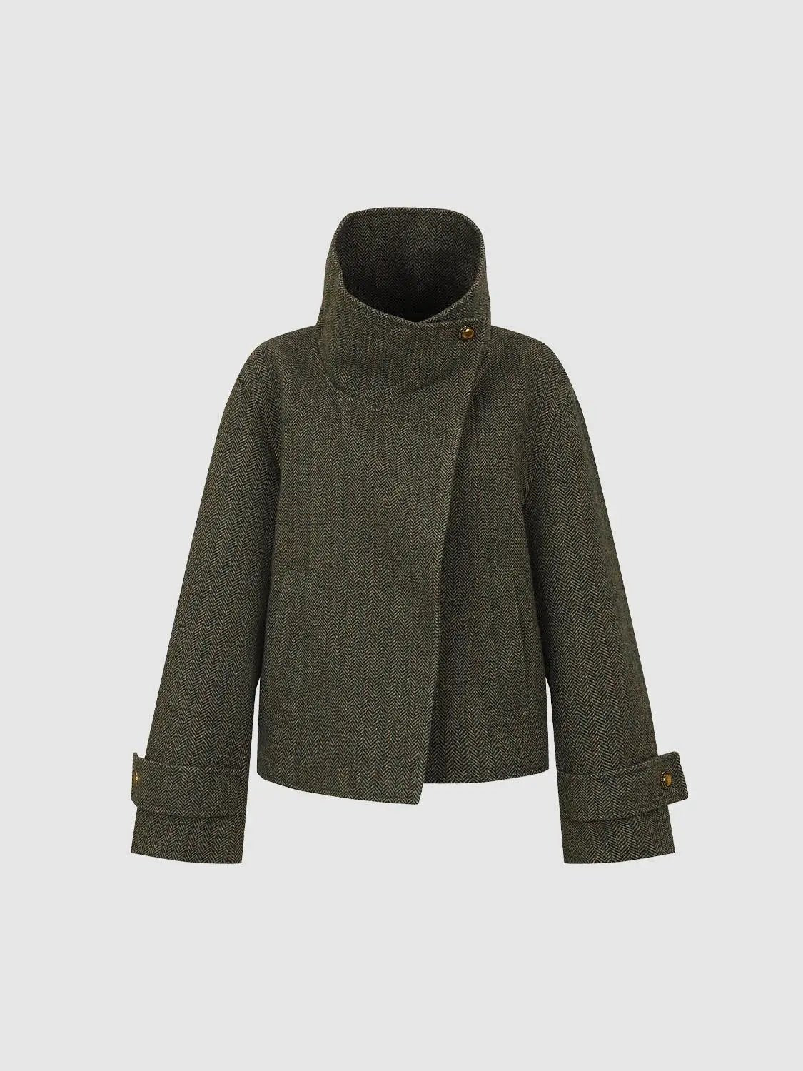Asymmetric Herringbone Cuffed Long Sleeve Jacket