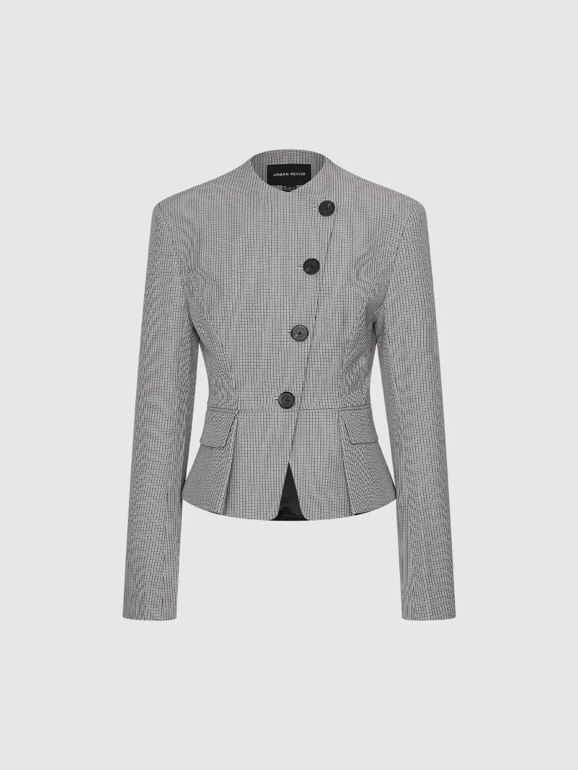 Button Checked Peplum Fitted Long Sleeve Jacket
