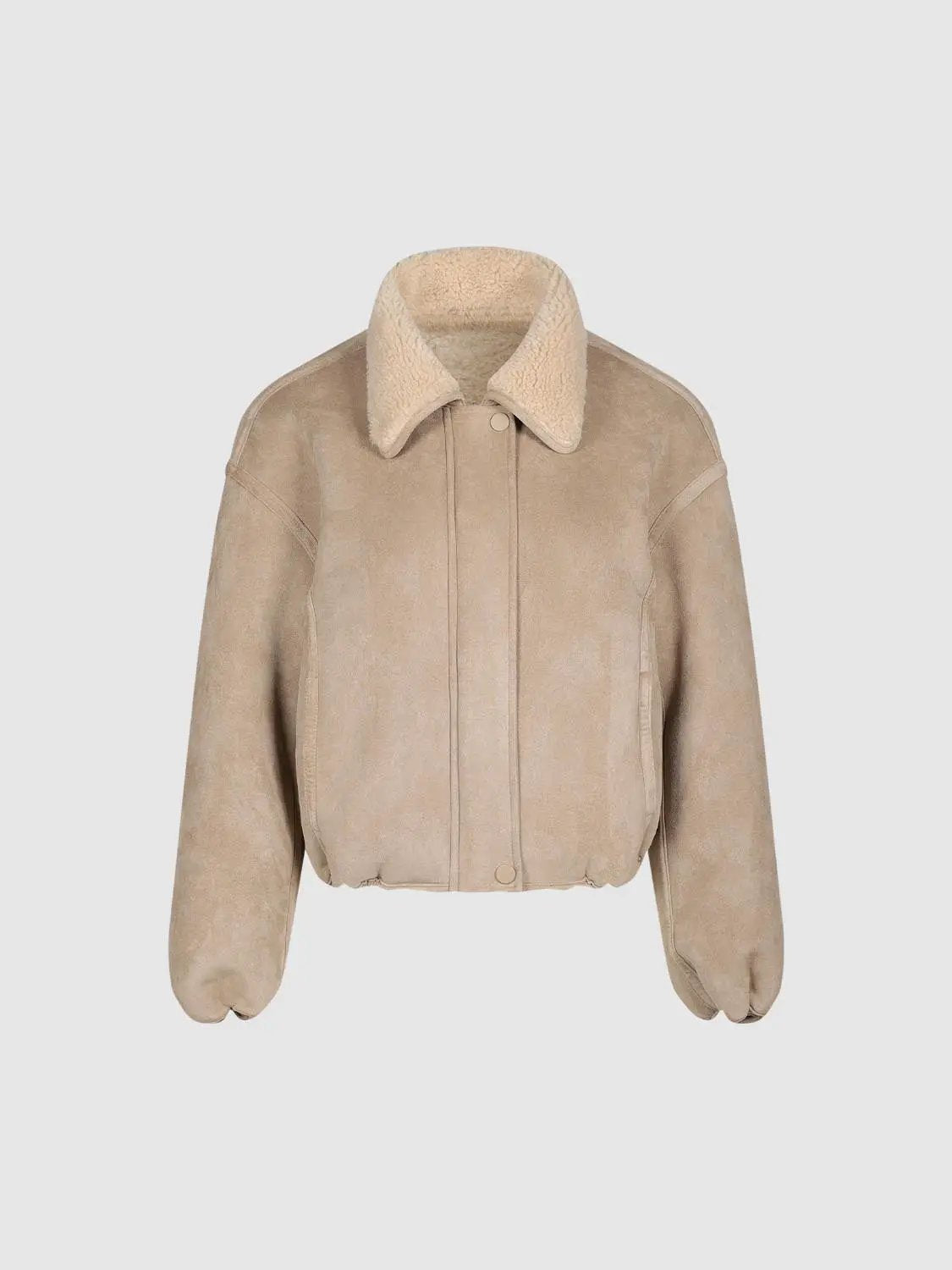 Oversized Collar Zip Front Long Sleeve Teddy Jacket