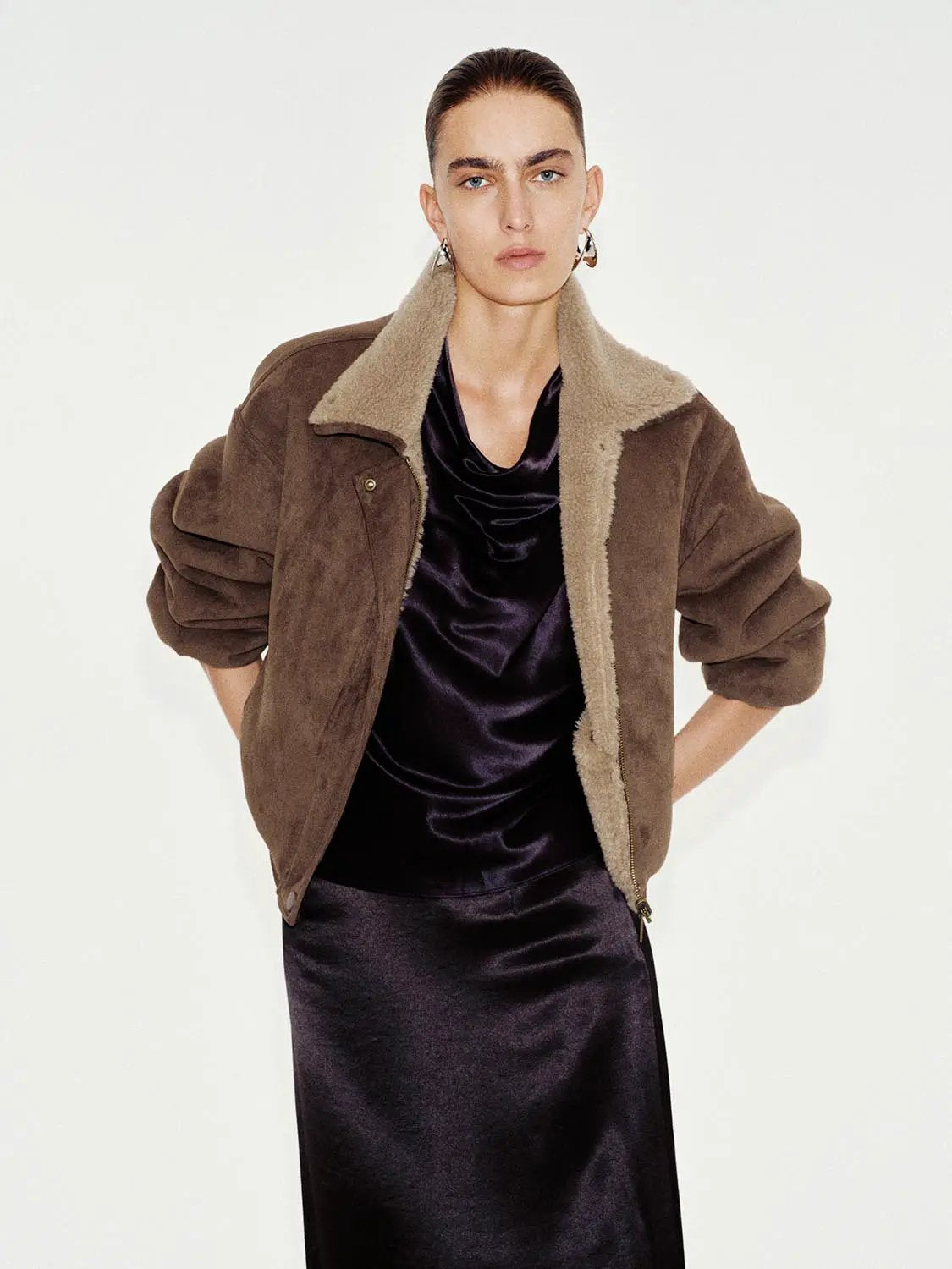 Oversized Collar Zip Front Long Sleeve Teddy Jacket