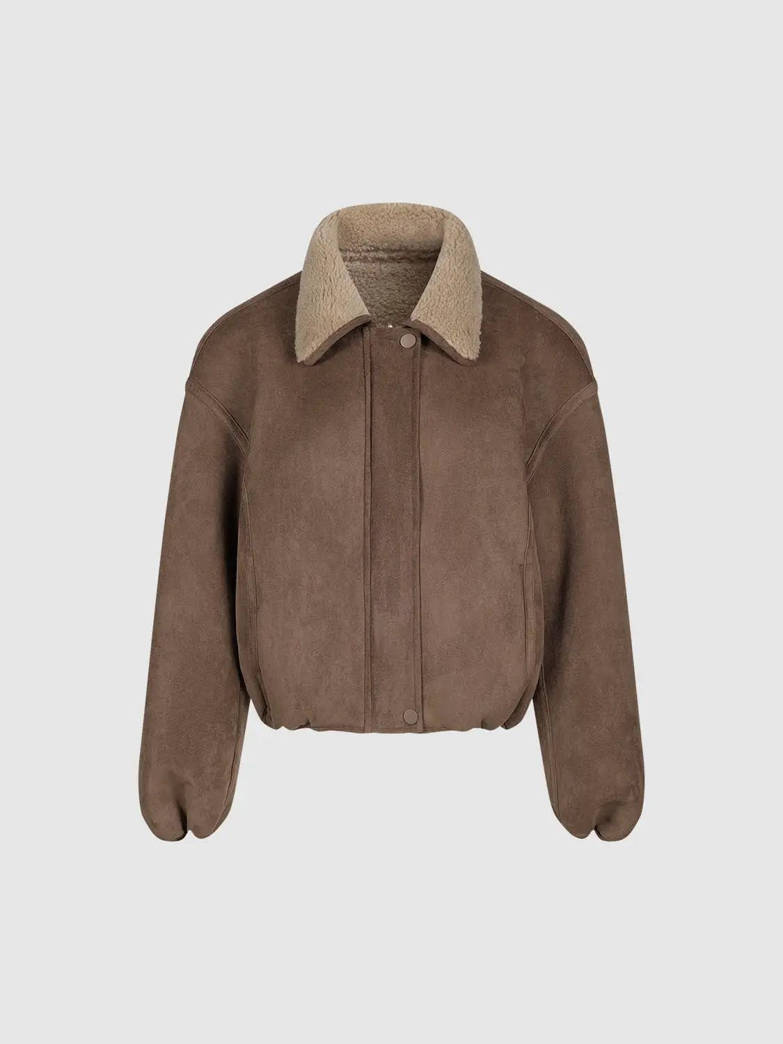 Oversized Collar Zip Front Long Sleeve Teddy Jacket