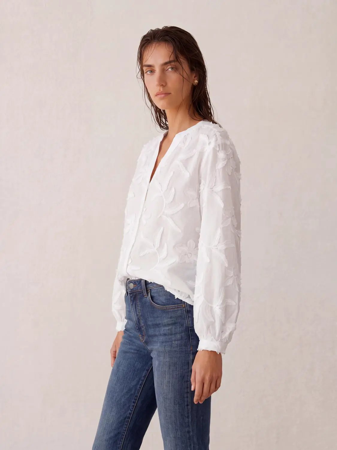 Notch Collar Floral Embroidery Long Sleeve Cotton Shirt