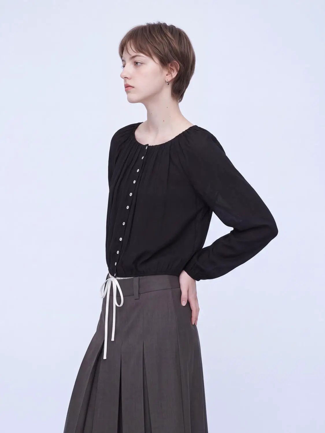 Round Neck Raglan Sheer Sleeve Front Button Crop Shirt