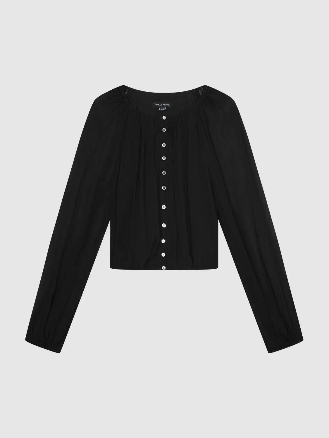 Round Neck Raglan Sheer Sleeve Front Button Crop Shirt