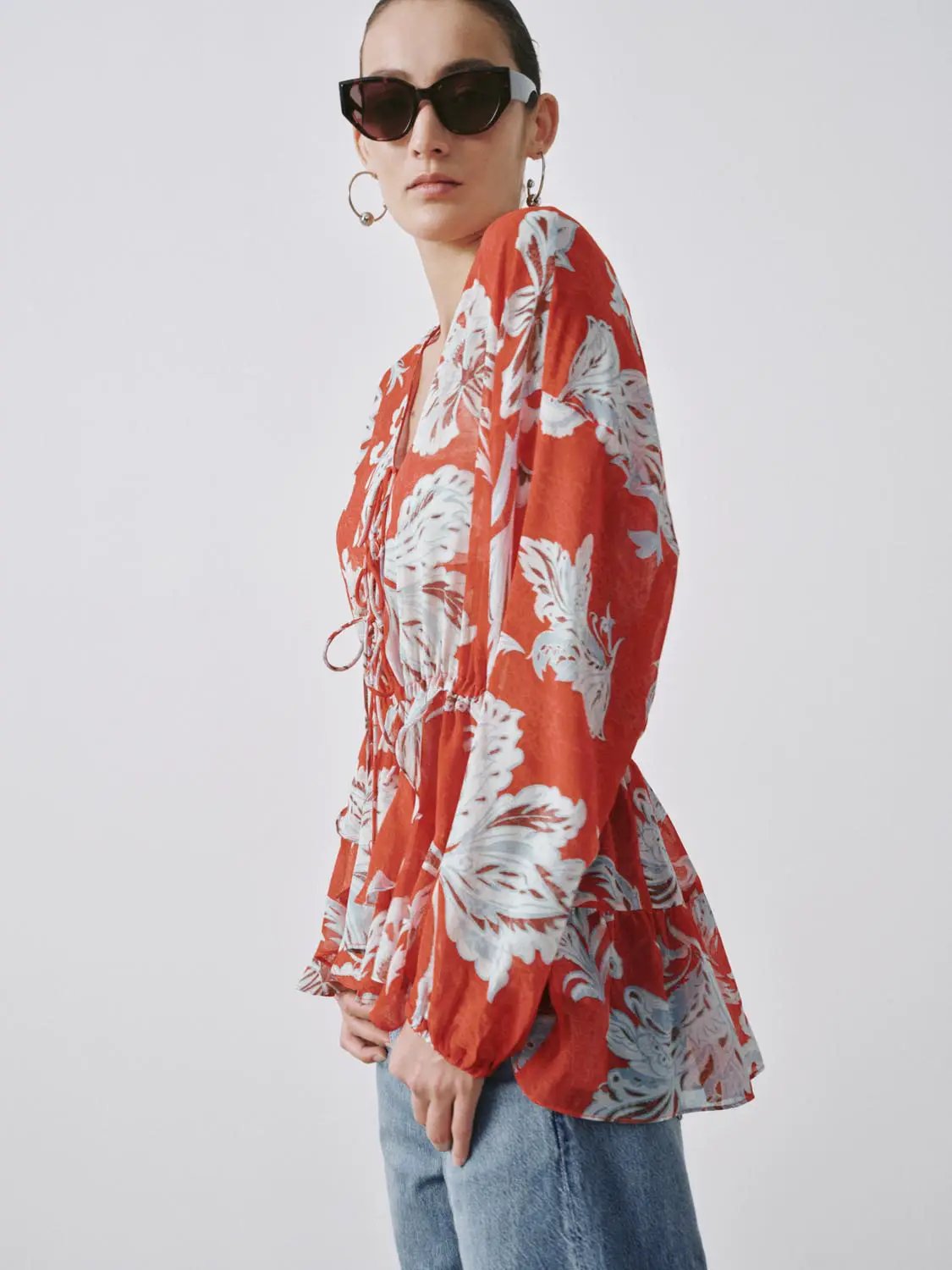 V-Neck Tie Detail Floral Intarsia Long Sleeve Overhead Shirt