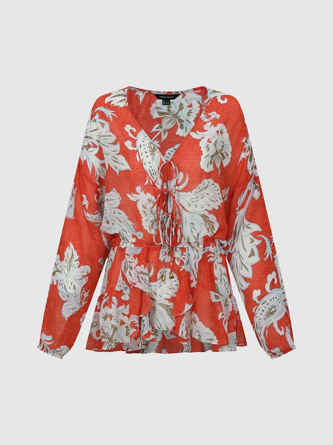 V-Neck Tie Detail Floral Intarsia Long Sleeve Overhead Shirt