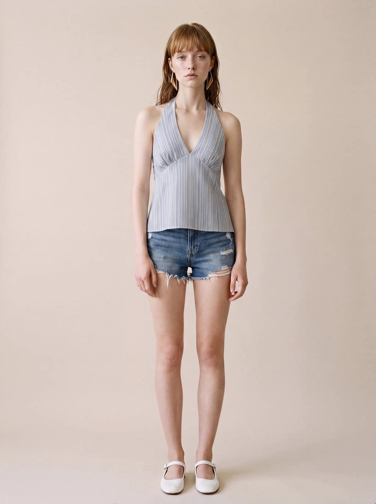 Striped Halter Neck Front Twist Cotton Camisole