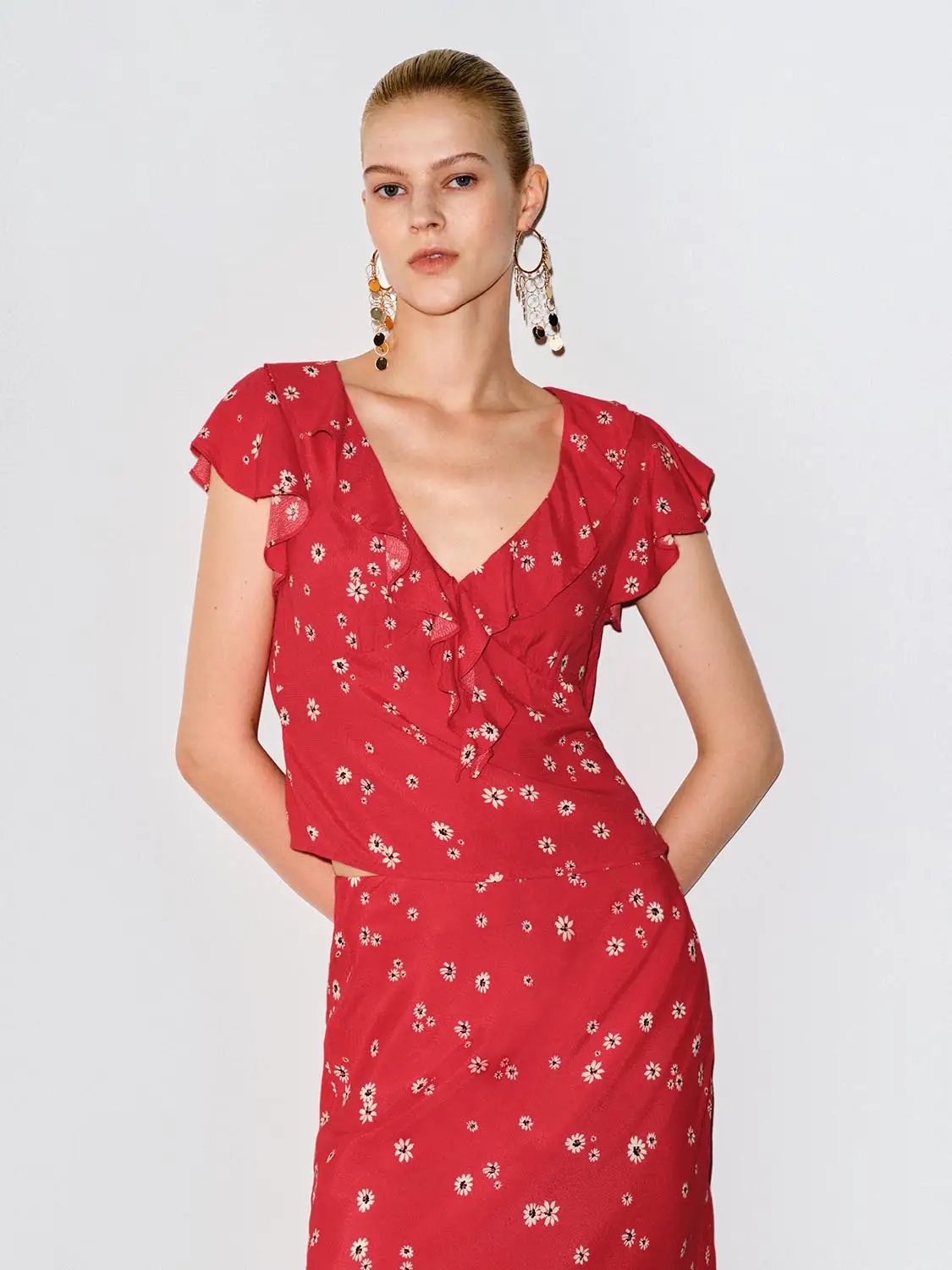 Lightweight Ruffle Wrap Floral V-neck Blouse
