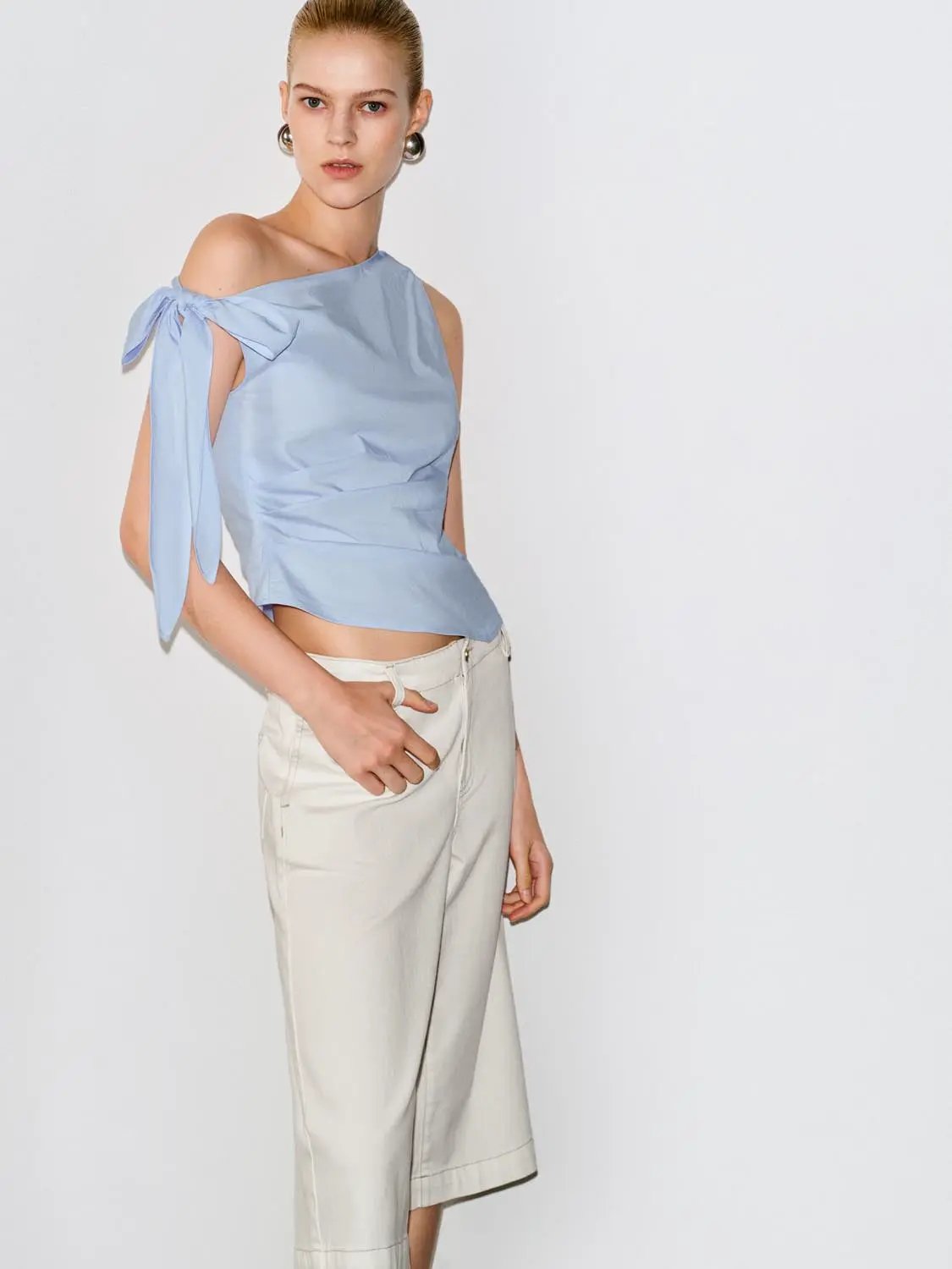 Pastel Blue Lightweight One Shoulder Shirt