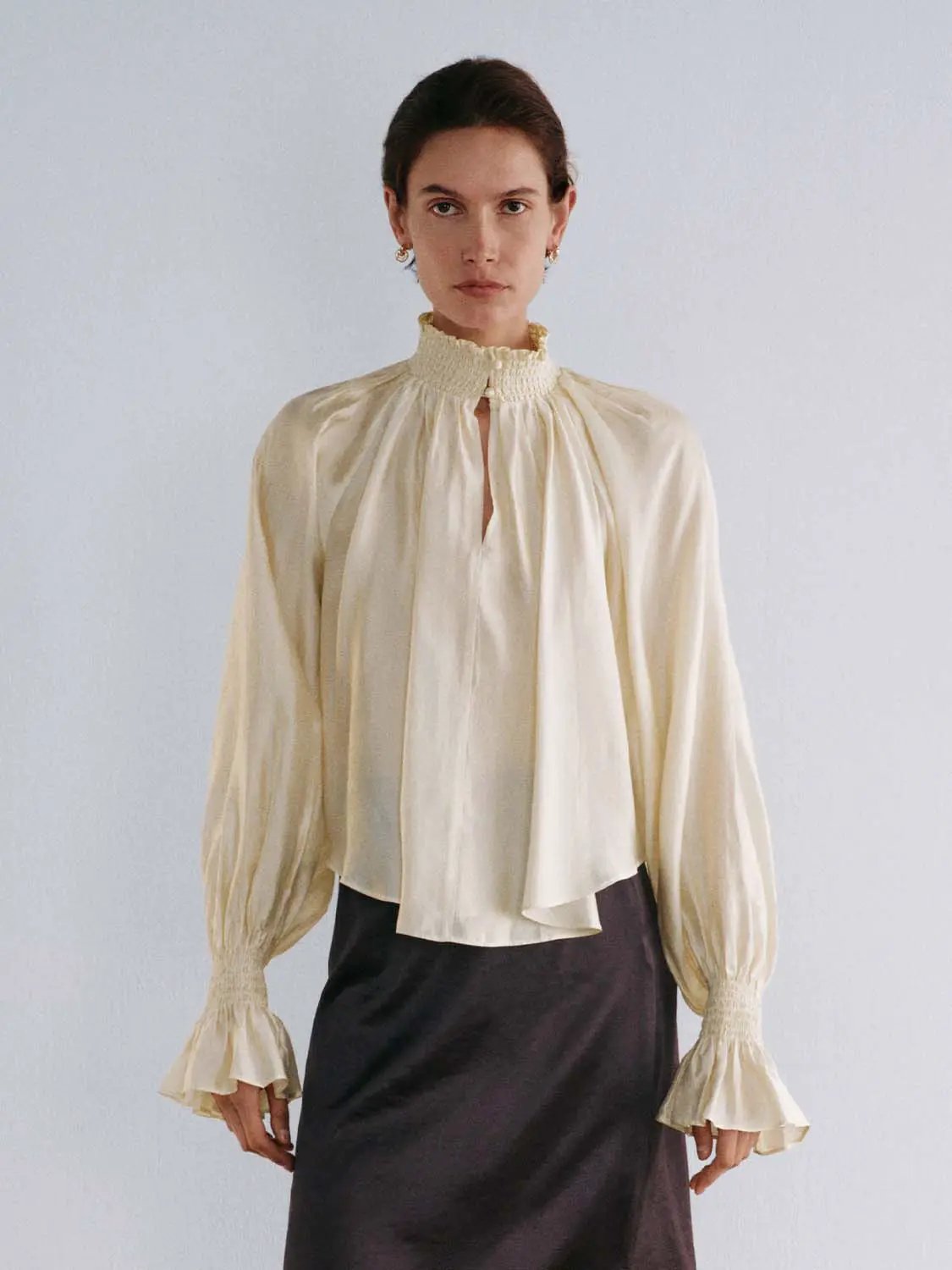 Ruched Keyhole Neck Long Sleeve Ruffle Cuff Shirt