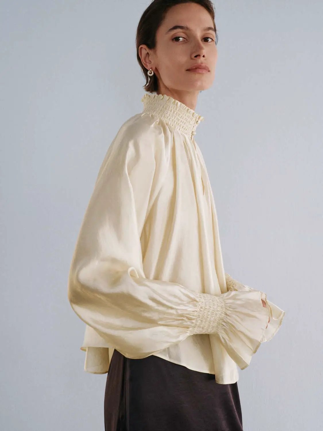 Ruched Keyhole Neck Long Sleeve Ruffle Cuff Shirt