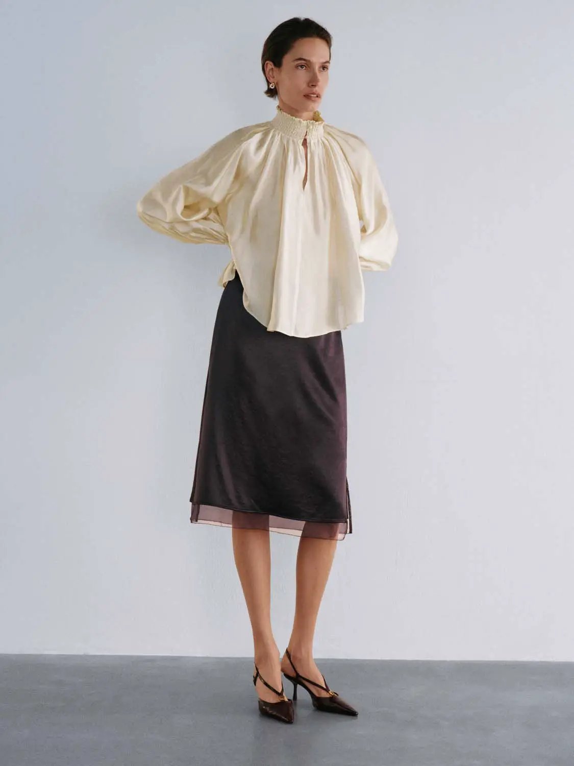 Ruched Keyhole Neck Long Sleeve Ruffle Cuff Shirt
