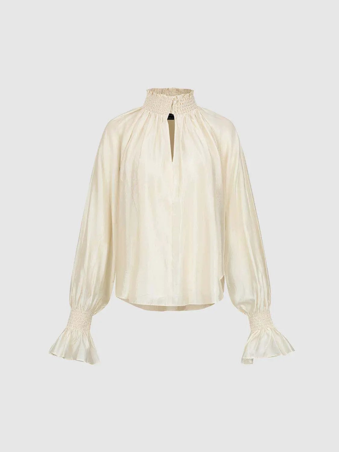 Ruched Keyhole Neck Long Sleeve Ruffle Cuff Shirt