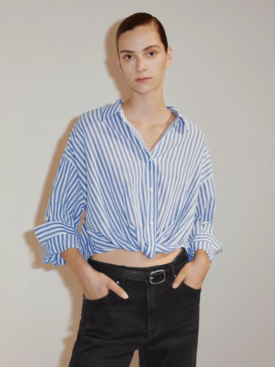 Twisted Front Striped Long Sleeve Cotton Shirt