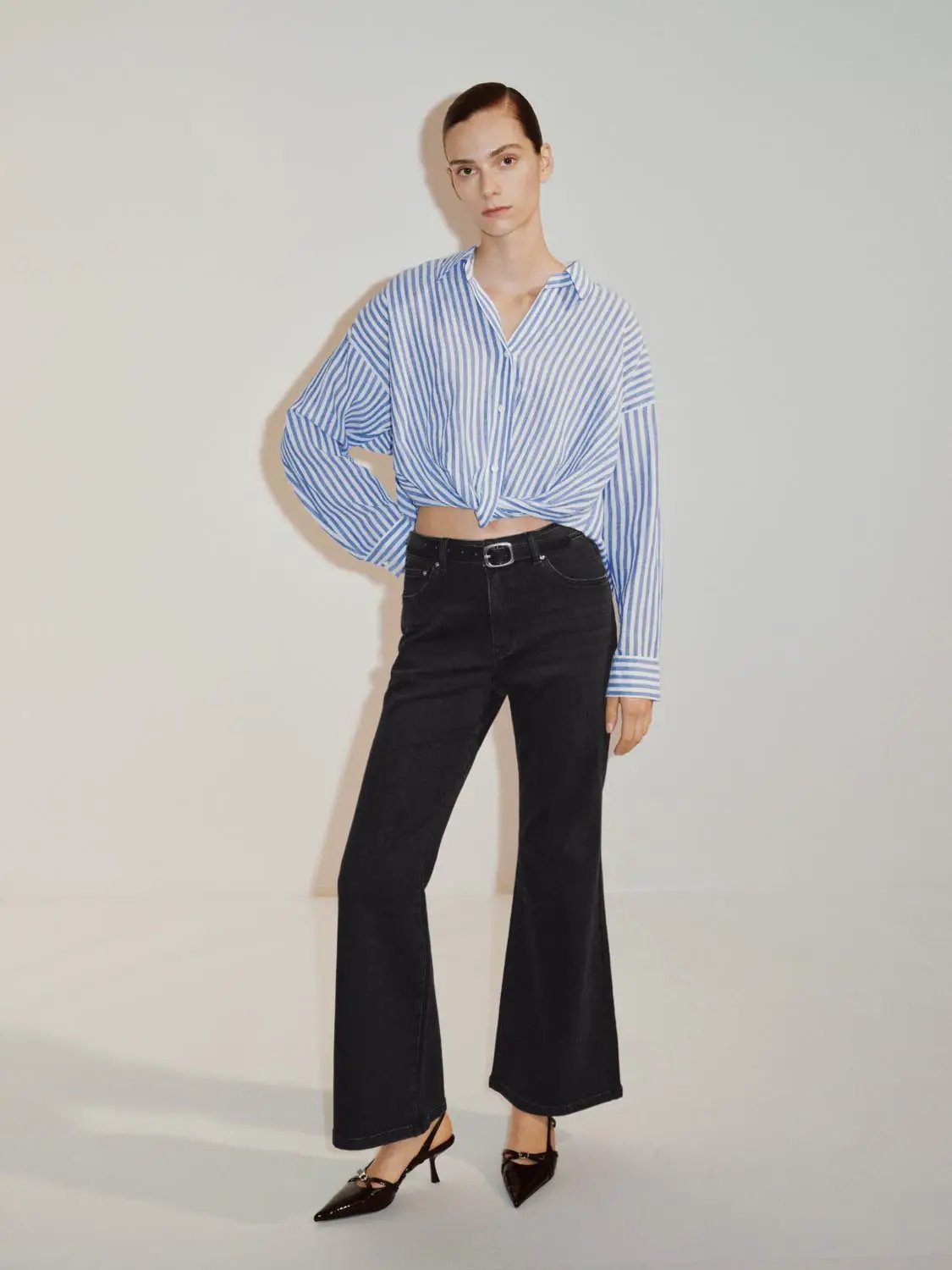 Twisted Front Striped Long Sleeve Cotton Shirt