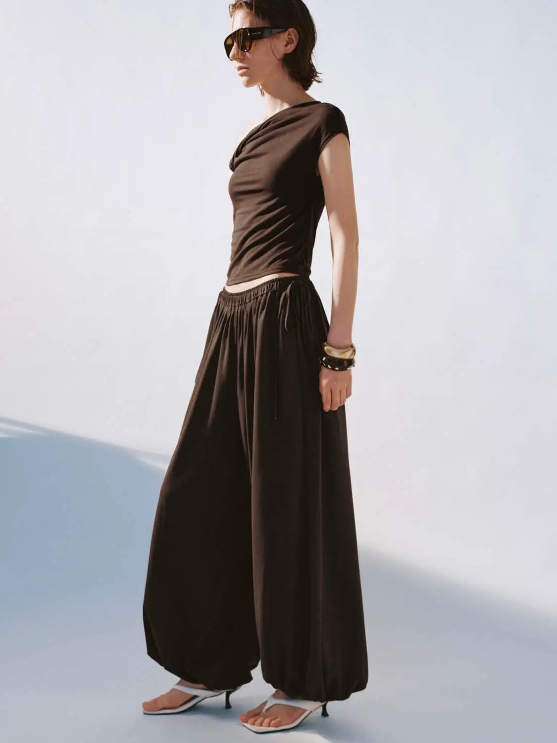 Short Sleeve One Shoulder Ruched Stretch Modal Blend Top