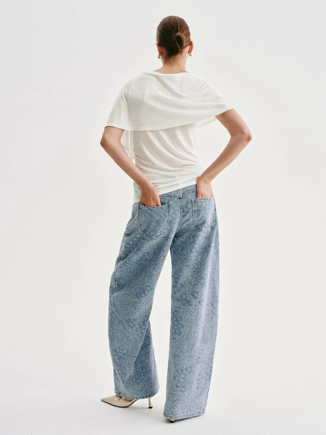 One Shoulder Draped Overlay Lyocell Linen Blend T-shirt