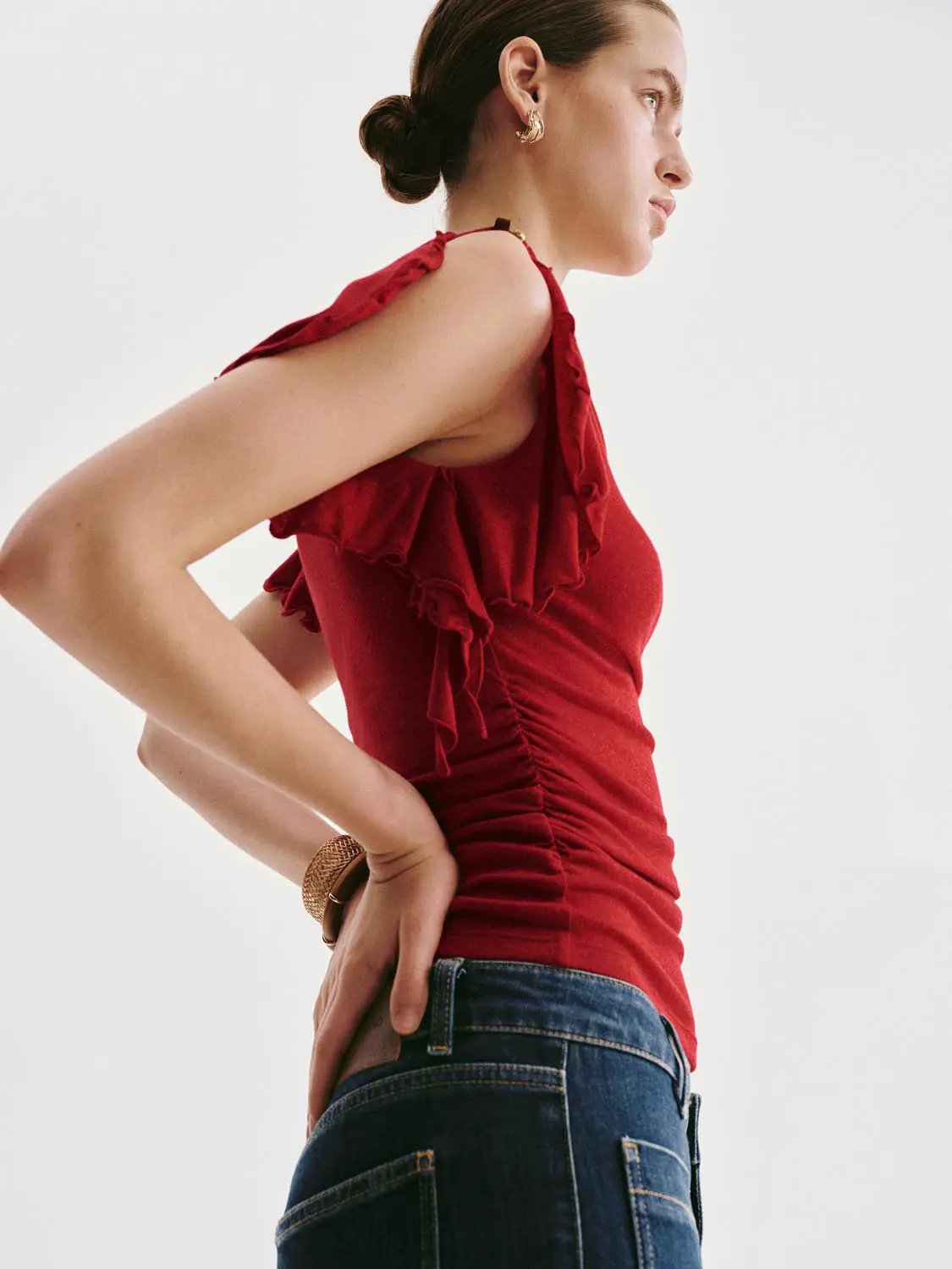 Ruched Sleeve Lyocell Linen Blend T-shirt