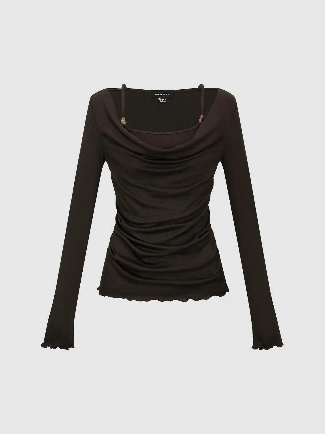 Draped Cowl Neck Long Sleeve Knit T-shirt