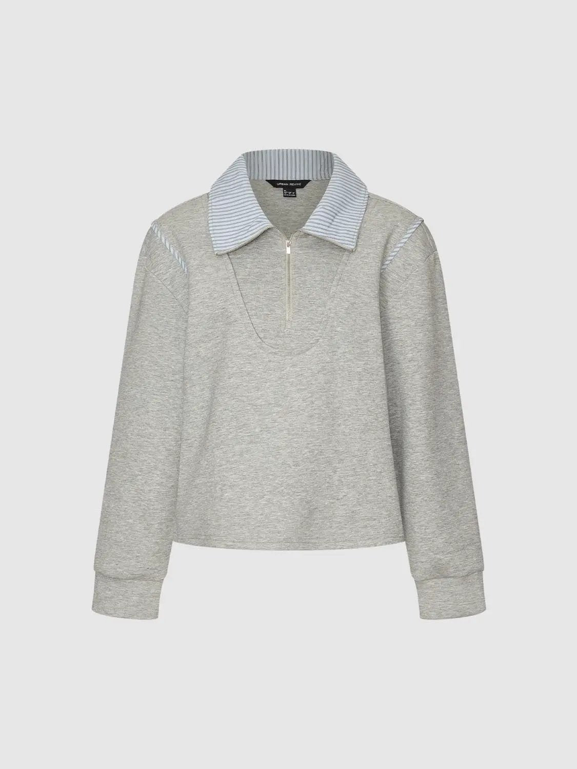 Striped Collar Half Zip Long Sleeve Cotton Blend Sweatshirt