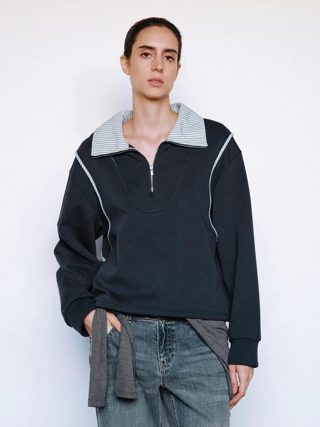 Striped Collar Half Zip Long Sleeve Cotton Blend Sweatshirt