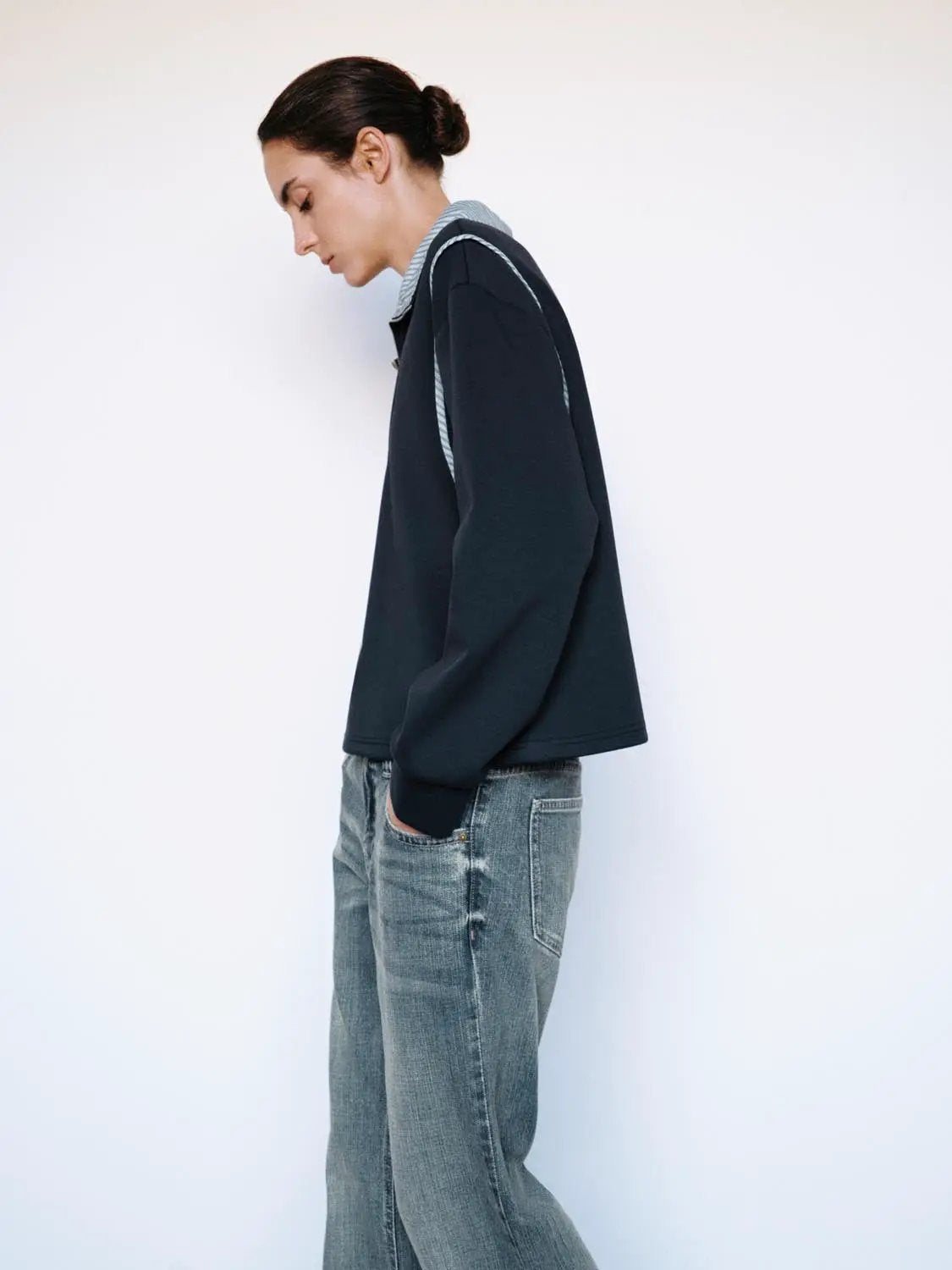 Striped Collar Half Zip Long Sleeve Cotton Blend Sweatshirt