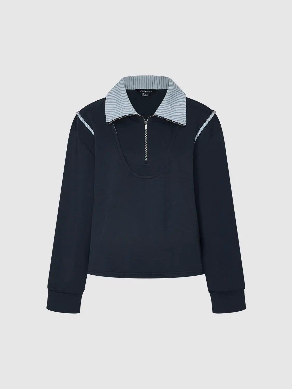 Striped Collar Half Zip Long Sleeve Cotton Blend Sweatshirt