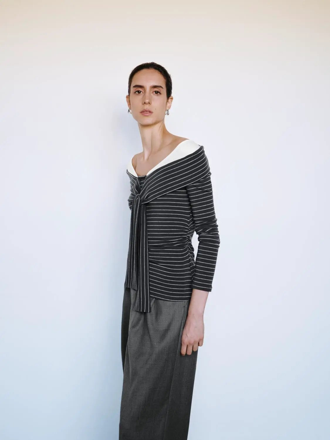 Ruched Striped Tie Front Boat Neck Long Sleeve Top