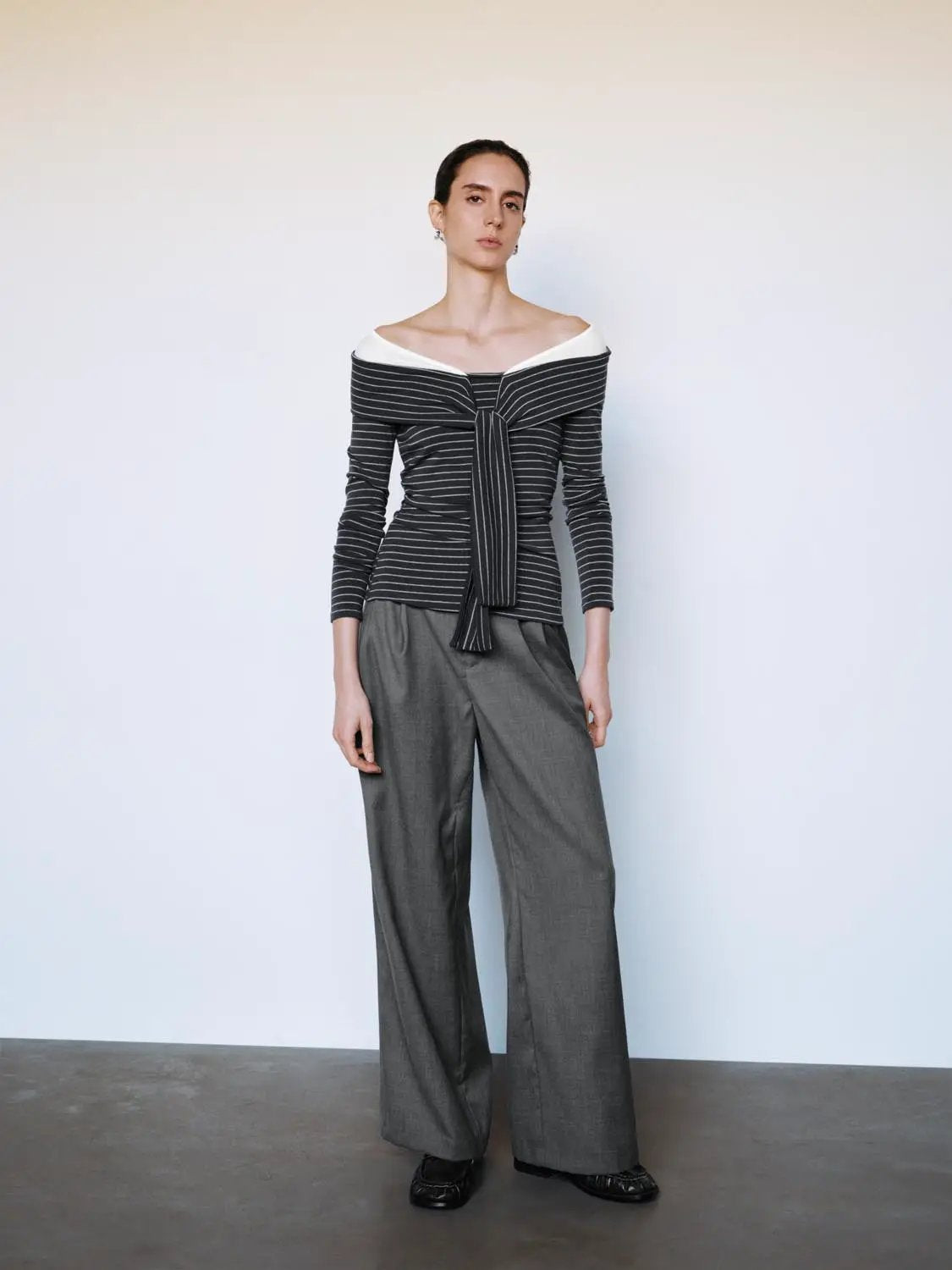 Ruched Striped Tie Front Boat Neck Long Sleeve Top