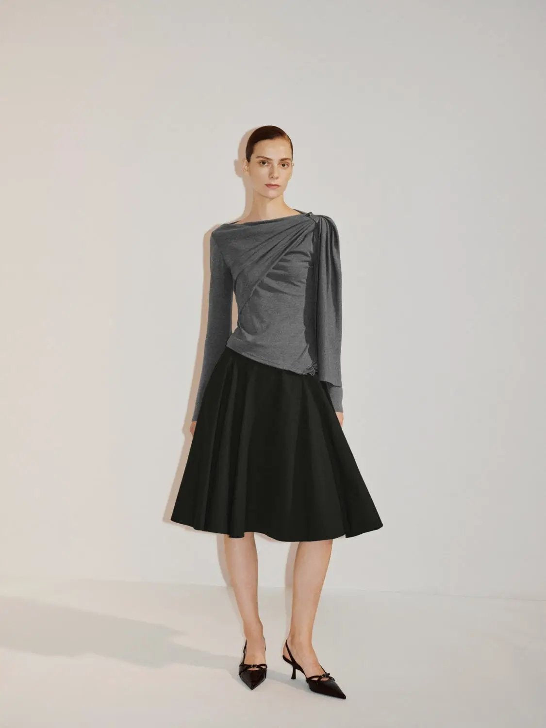 Draped One-Shoulder Long Sleeve Blouse