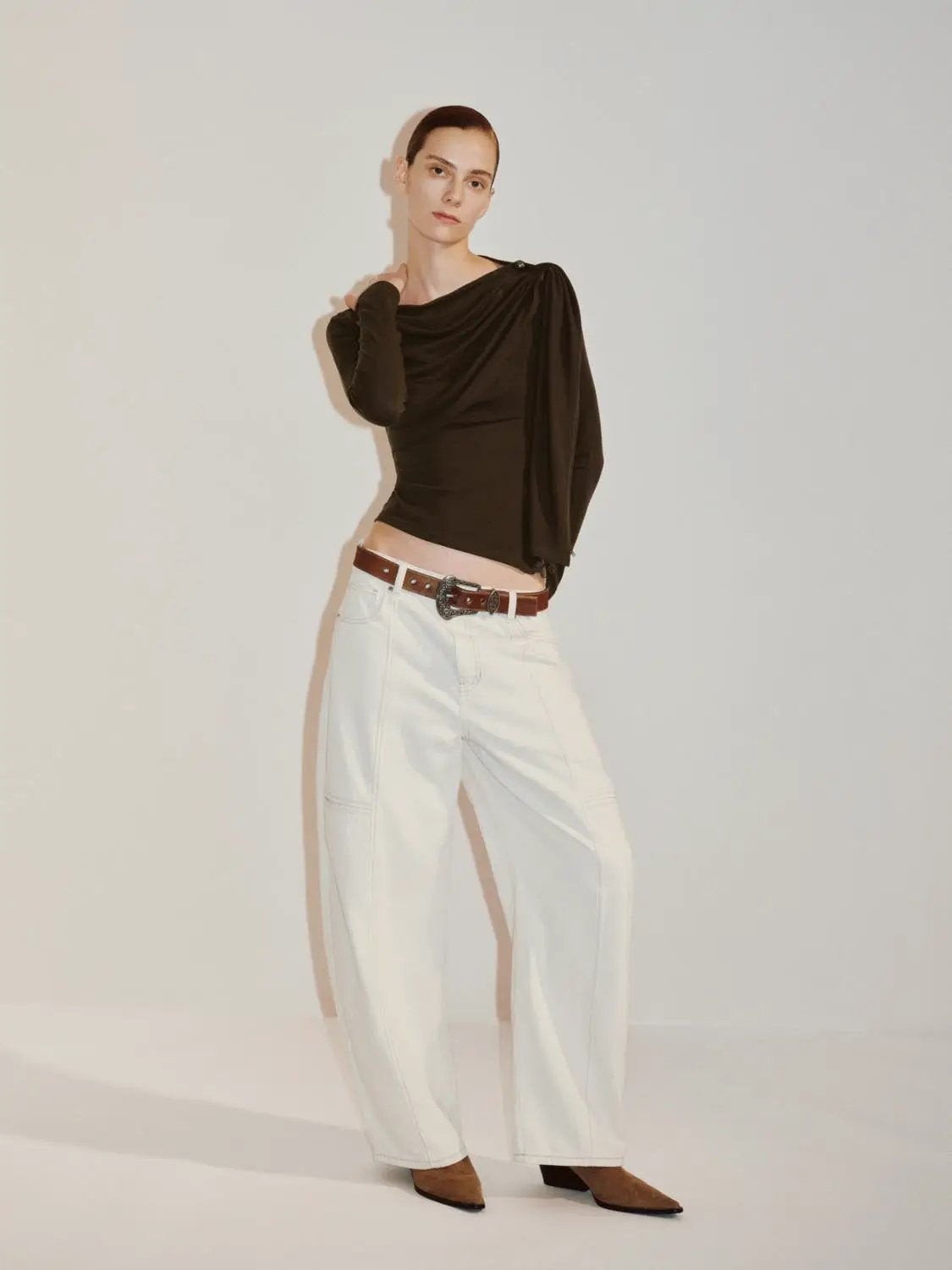 Draped One-Shoulder Long Sleeve Blouse