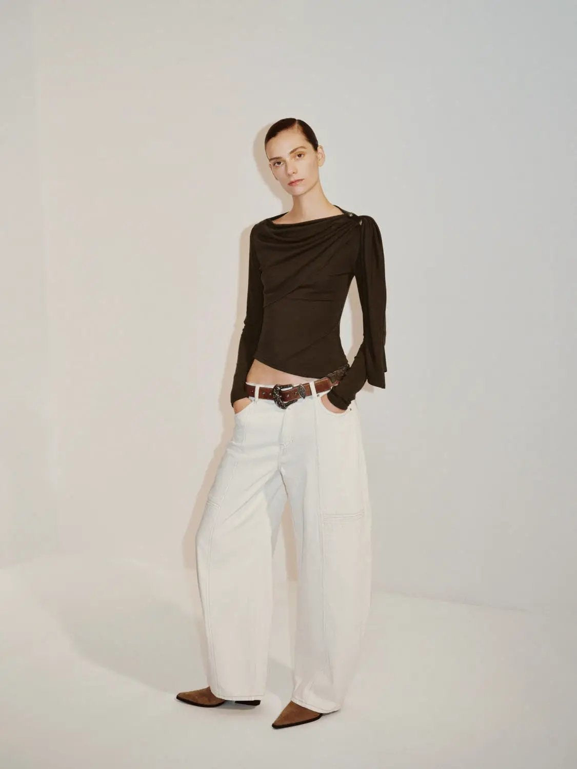 Draped One-Shoulder Long Sleeve Blouse