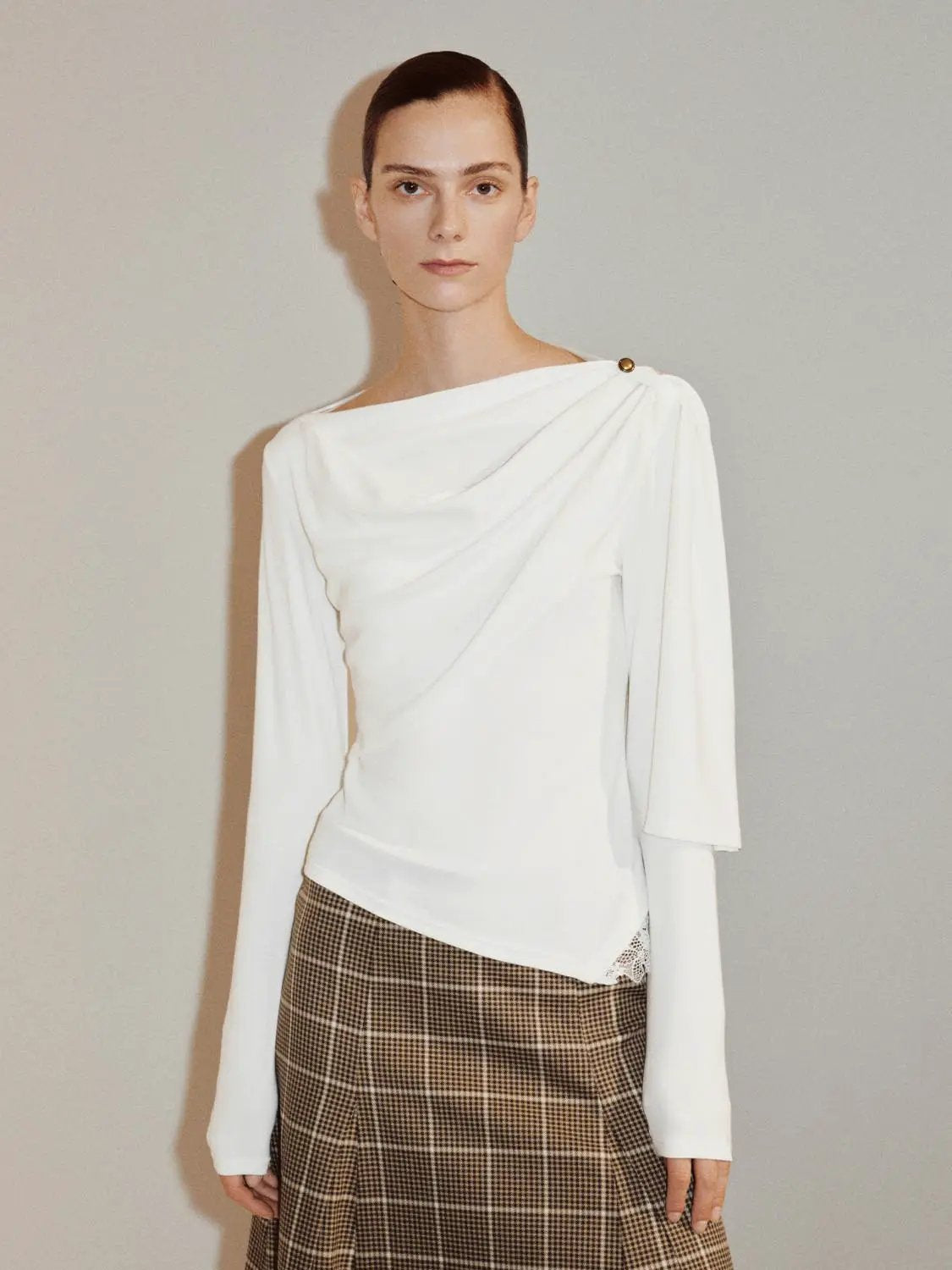 Draped One-Shoulder Long Sleeve Blouse