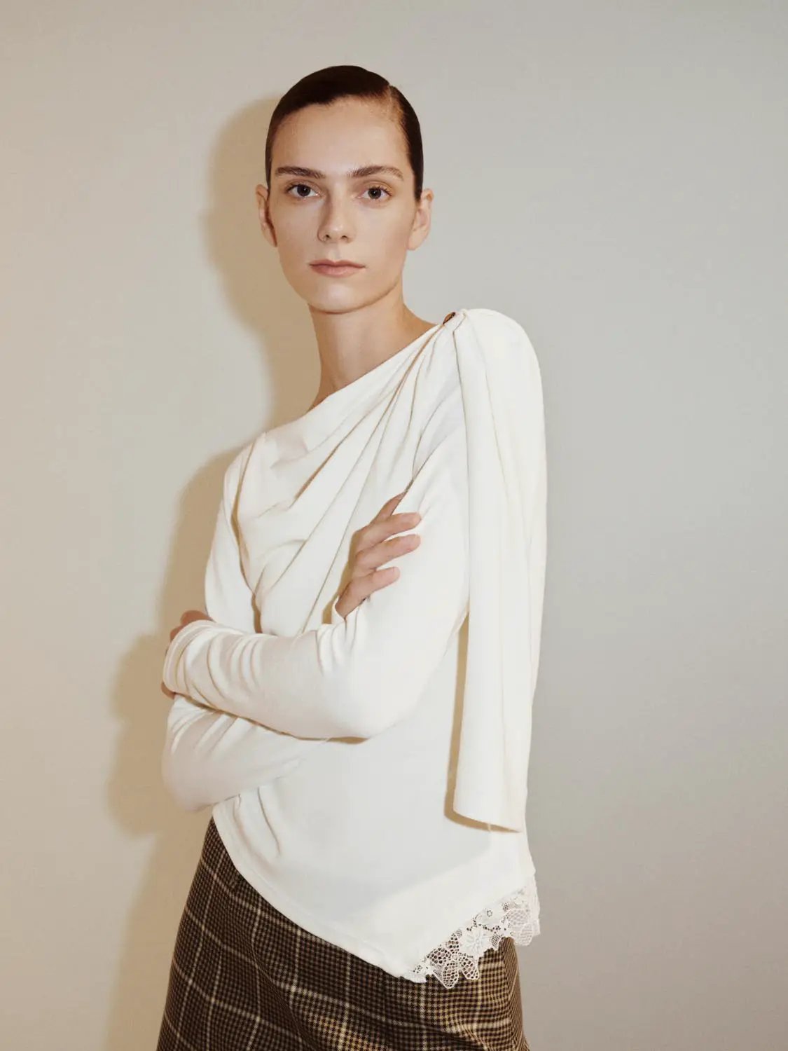 Draped One-Shoulder Long Sleeve Blouse