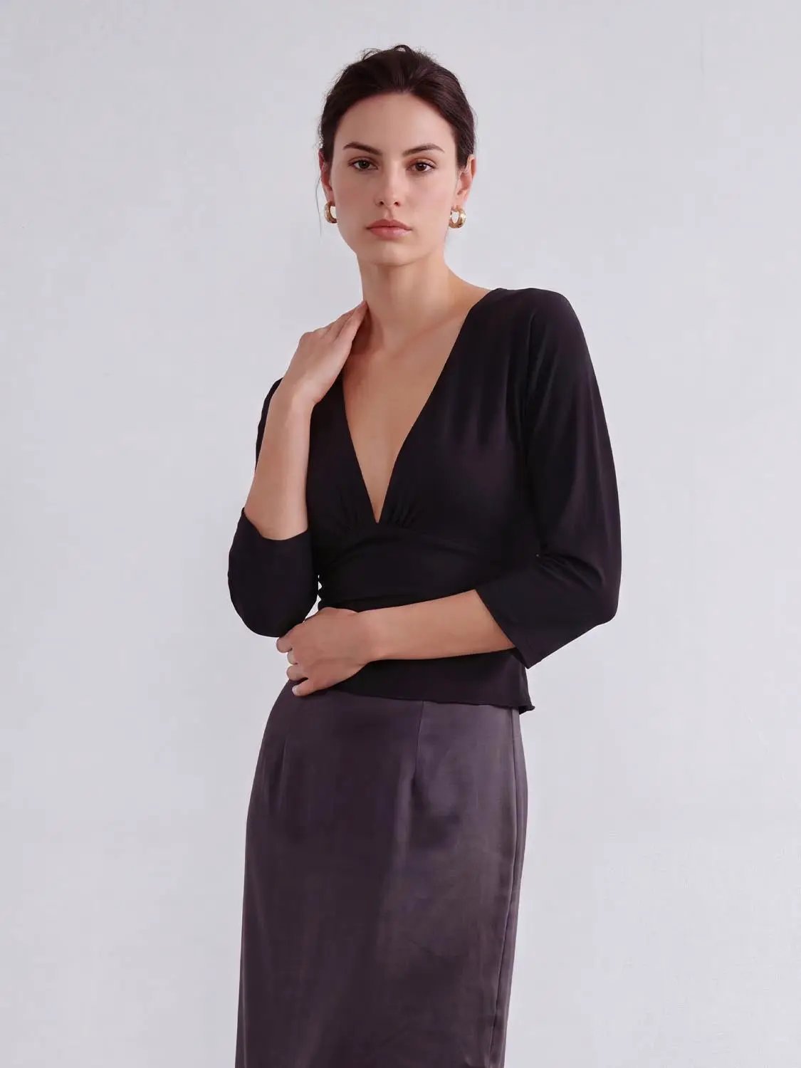 Solid Ruched Wrap Deep V-neck Long Sleeve Blouse