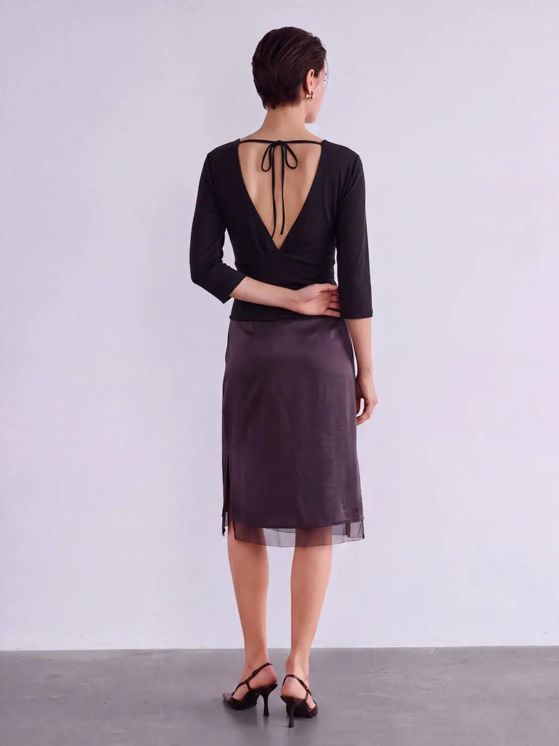 Solid Ruched Wrap Deep V-neck Long Sleeve Blouse