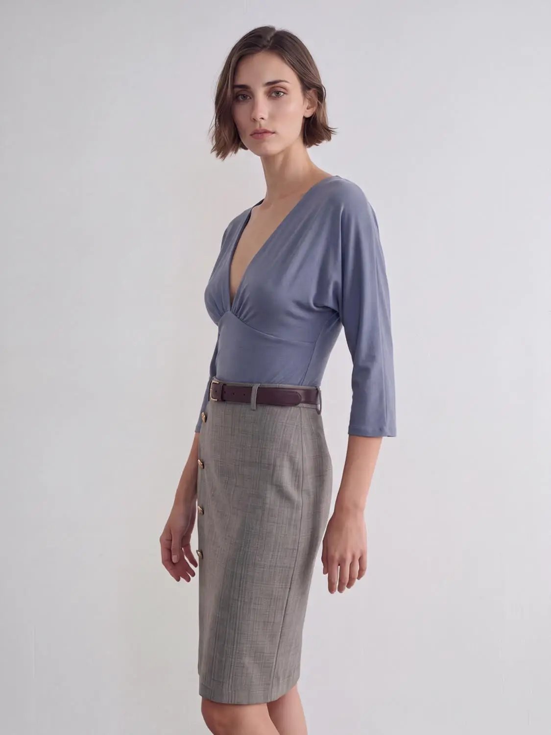 Solid Ruched Wrap Deep V-neck Long Sleeve Blouse