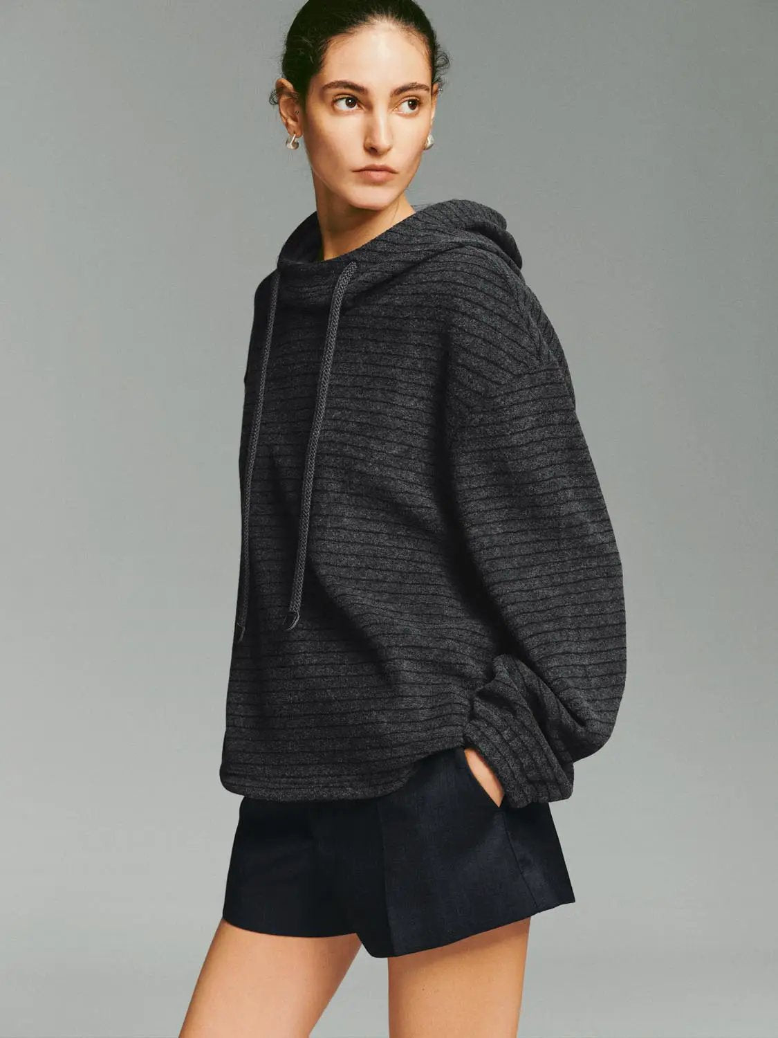 Drawstring Hood Ribbed Long Sleeve Hoodie