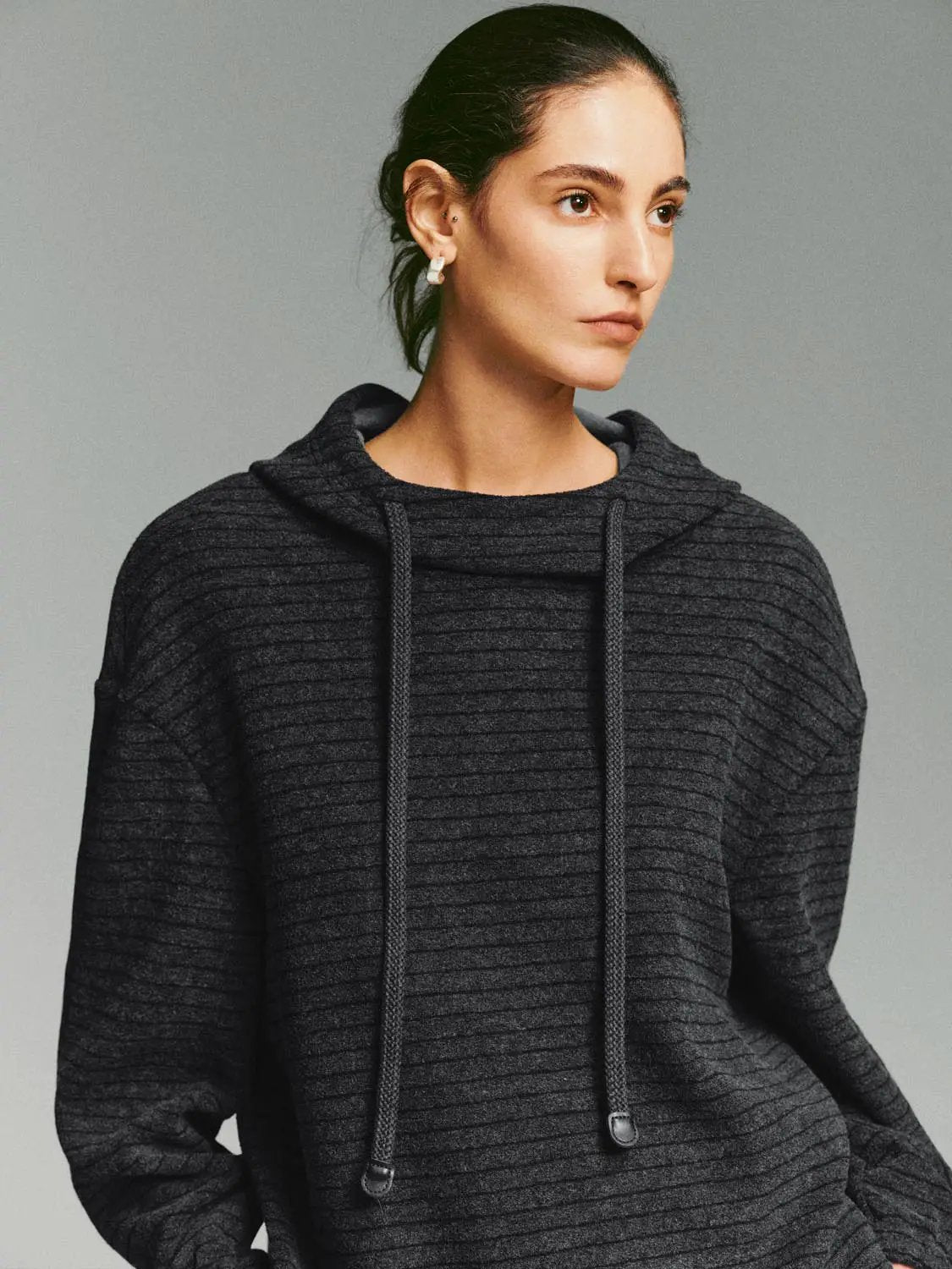 Drawstring Hood Ribbed Long Sleeve Hoodie