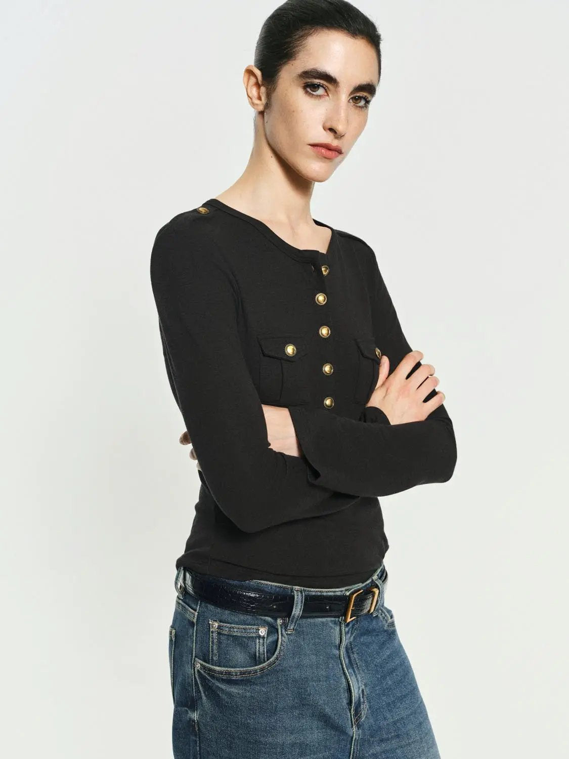Crew Neck Button Front Pocket Long Sleeve T-shirt