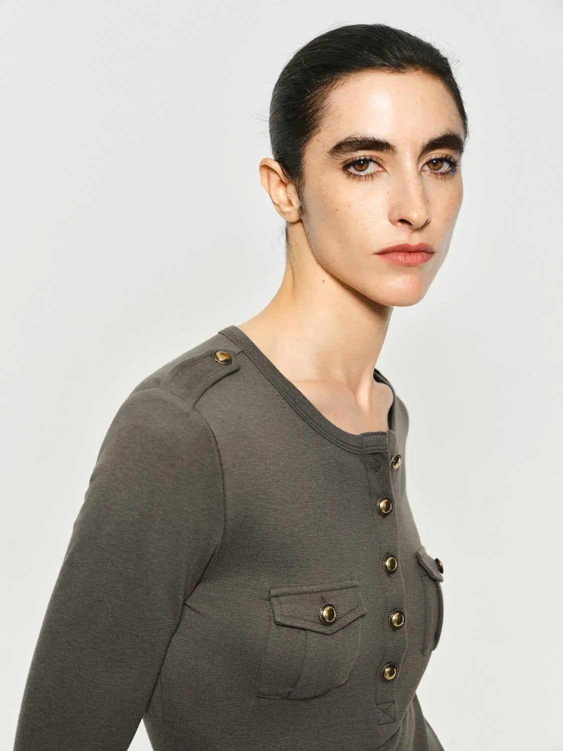 Crew Neck Button Front Pocket Long Sleeve T-shirt