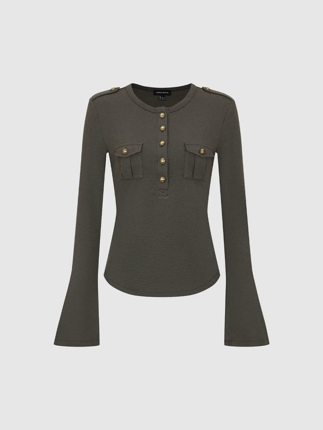 Crew Neck Button Front Pocket Long Sleeve T-shirt