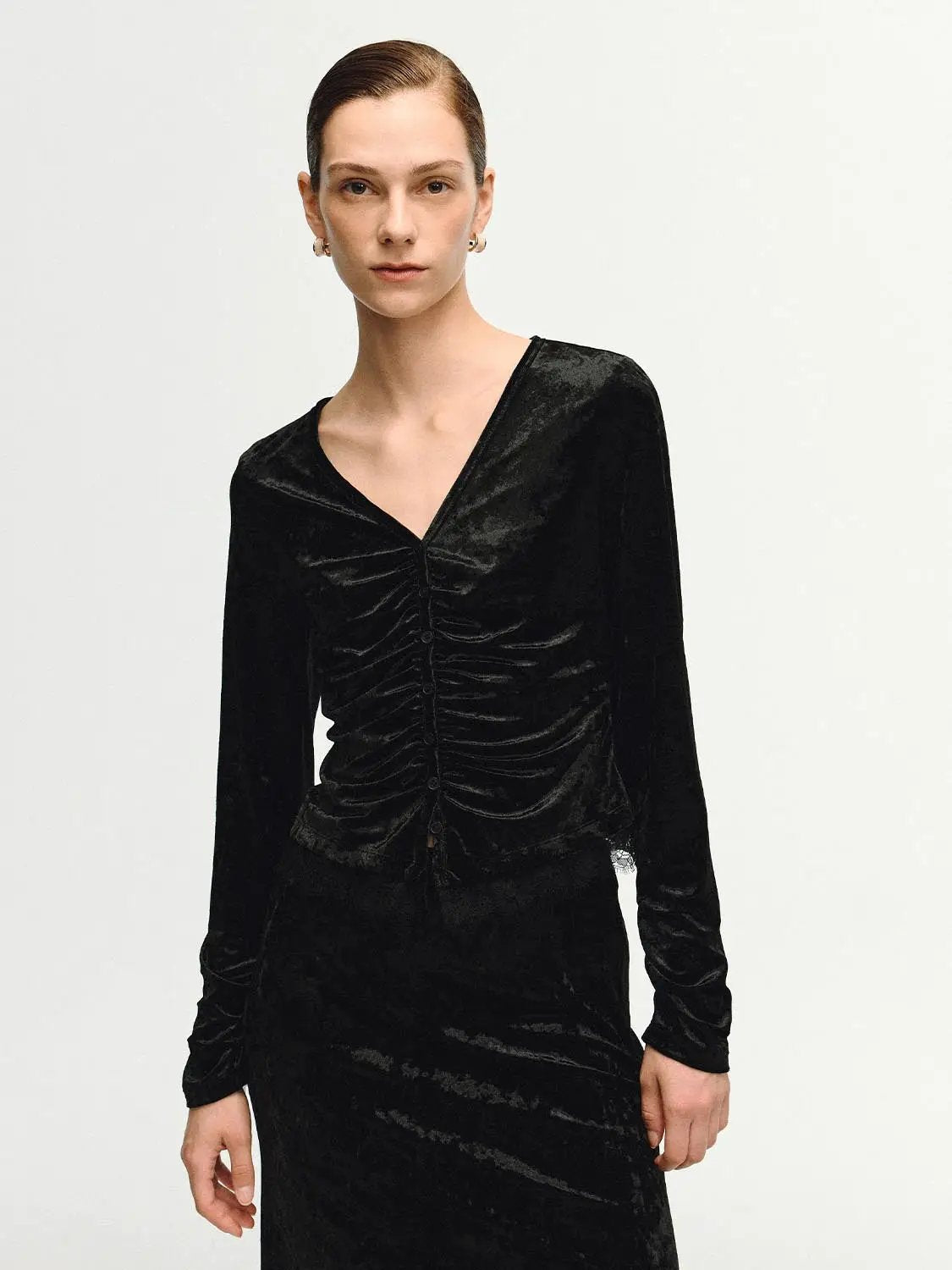 Ruched Textured Lace Hem Fitted V-neck Long Sleeve Blouse