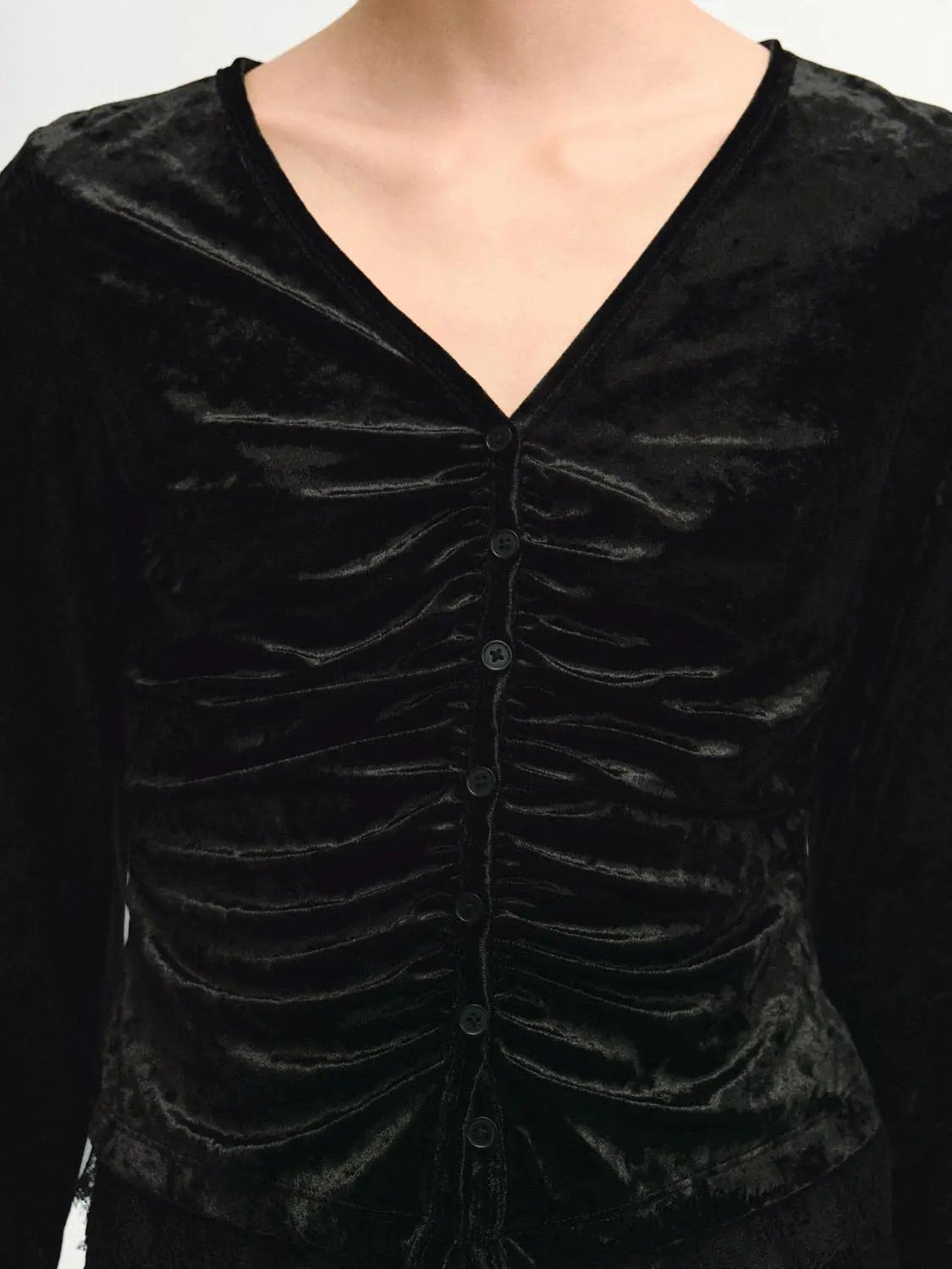 Ruched Textured Lace Hem Fitted V-neck Long Sleeve Blouse