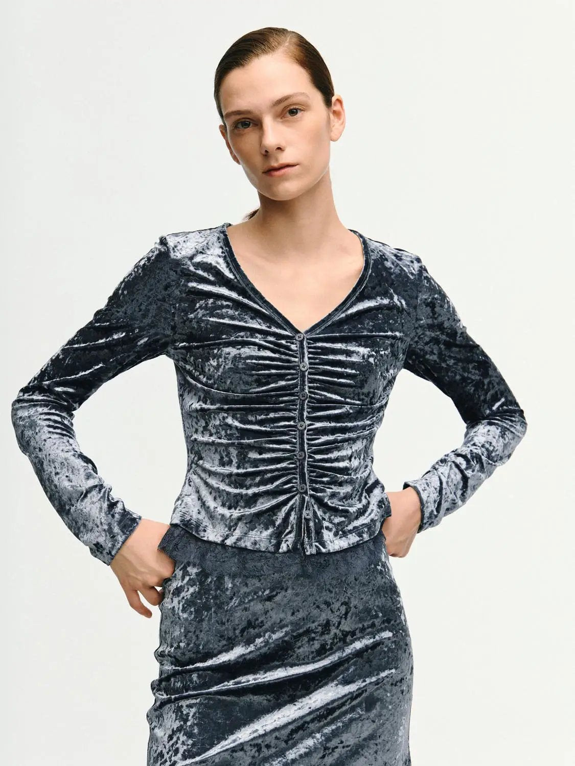 Ruched Textured Lace Hem Fitted V-neck Long Sleeve Blouse